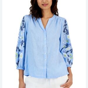 100% LINEN EMBROIDERED LONG BALLOON SLEEVES BLUE TOP SIZE 1X